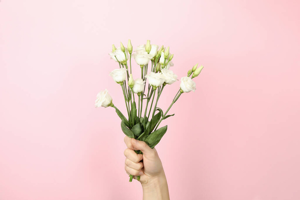 女性の手はピンクの背景にバラの花束を保持 - 写真・画像