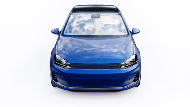 Blue small family car hatchback on white background. 3d rendering - Photo, Image