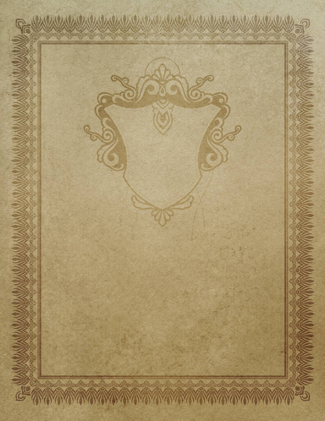 Old bad condition paper background with decorative shield and border. - Fotografie, Obrázek