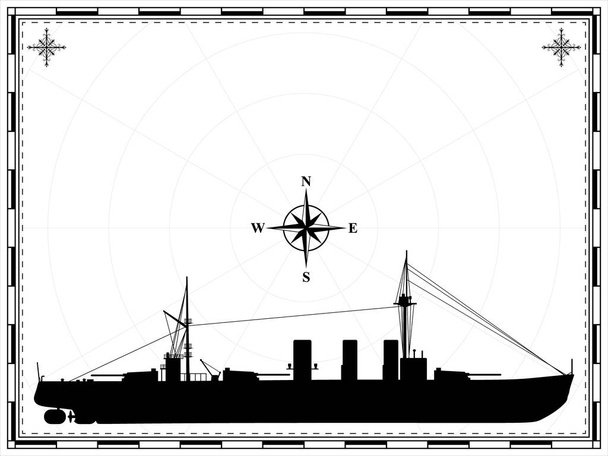 Haritanın arka planında vektör askeri gemi. Rüzgar yükseldi. Vektör illüstrasyonu. - Vektör, Görsel