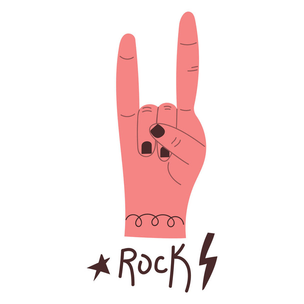 Hand drawn Rock or Heavy Metal hand sign, two fingers up. Flat illustration. - Vector, imagen