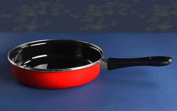 Красная эмалированная сковорода с ручкой на синем фоне - Фото, изображение