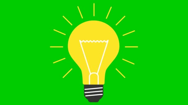黄色の電球のアニメーションシンボル。アイデアと創造の概念。ループビデオだ。緑の背景に独立したベクトル図. - 映像、動画