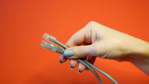 RJ45 network connector on a red background in well-groomed female hands - Photo, Image
