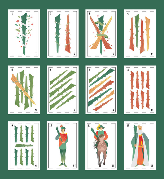 Egy pakli spanyol kártyajáték. Pálcák. Ászból az Udvar figuráiba - Vektor, kép