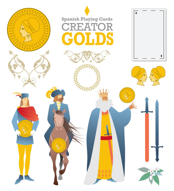 Creator deck van Spaanse speelkaarten. Golden. Symbolen en tekens van de kaarten om een deck te bouwen - Vector, afbeelding