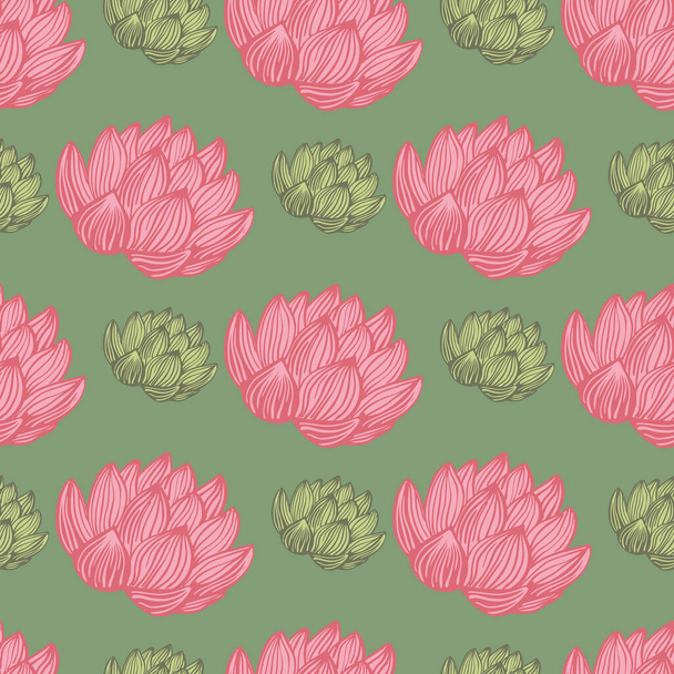 Contrast seamless pattern with pink lotus elements print. Green background. Nature summer bloom artwork. Decorative backdrop for fabric design, textile print, wrapping, cover. Vector illustration - Vector, imagen
