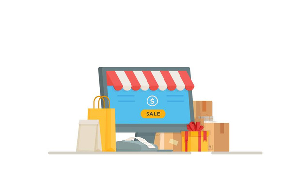Postahivatal-nyilvántartás vektorillusztrációja. Online vásárlás. Vásárolni a boltban. A bolt bejáratánál álló táskák és dobozok rajza. - Vektor, kép