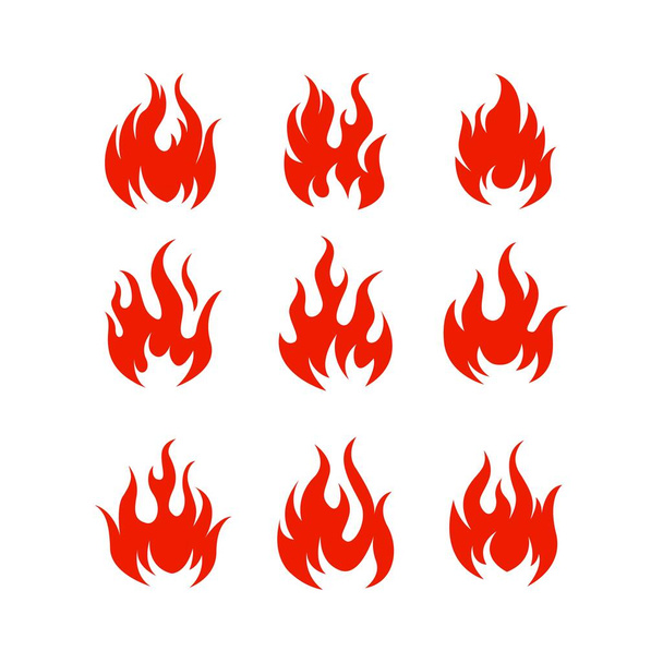 漫画の炎のコレクションベクトル。赤い火、火の要素、キャンプファイア、熱の山火事、炎のアイコンベクトルイラストセット. - ベクター画像