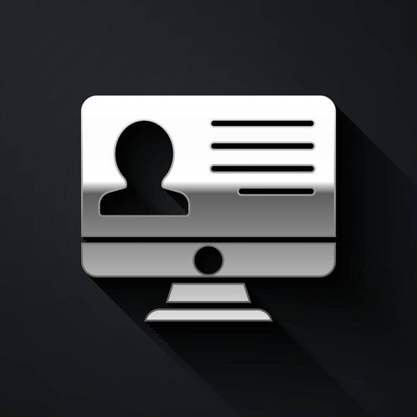 Silver Computer monitor with resume icon isolated on black background. CV application. Searching professional staff. Analyzing personnel resume. Long shadow style. Vector. - Vector, Image