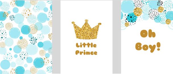 Little prince Baby shower card template set. Oh Boy blue invitation design for baby shower party. Gold crown. - Photo, Image