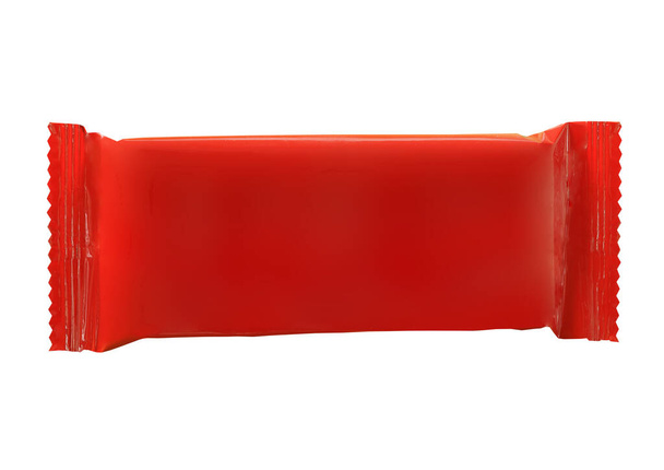 Draufsicht auf Kunststofftasche Snack-Verpackung für Schokoladenwaffeln auf weißem Hintergrund - Foto, Bild