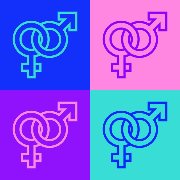Pop-Art Linie Gender-Symbol isoliert auf farbigem Hintergrund. Symbole von Männern und Frauen. Sexsymbol. Vektor. - Vektor, Bild