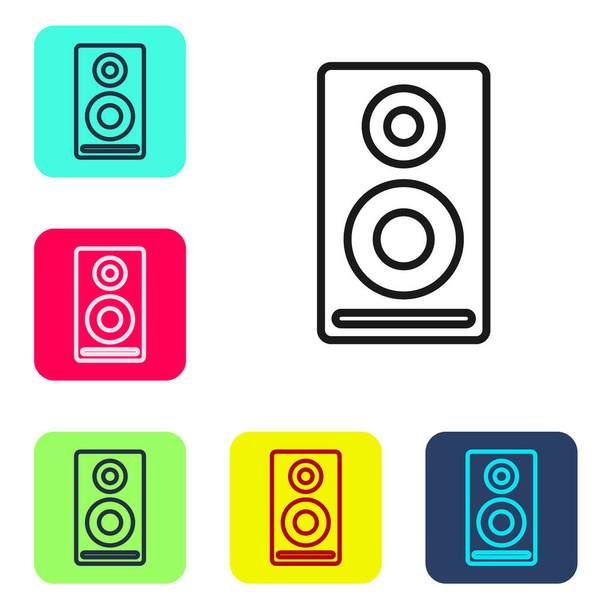 Black line Stereo speaker icon isolated on white background. Sound system speakers. Music icon. Musical column speaker bass equipment. Set icons in color square buttons. Vector. - Vector, Image