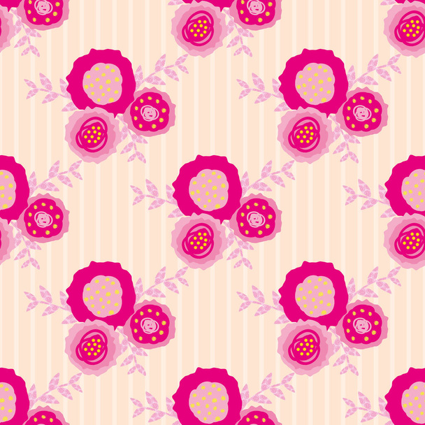 Set di fiori vettoriali e foglie modello senza soluzione di continuità sfondo rosa. Trio di fiori in stile scarabeo disegnati a mano su sfondo a strisce. Design botanico a ghirlanda diagonale. Stampa all over per la primavera - Vettoriali, immagini
