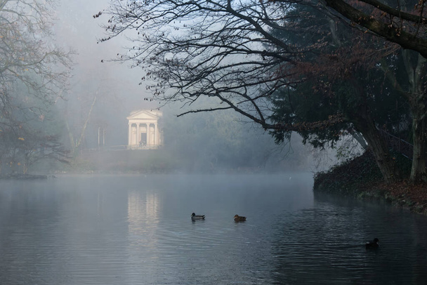 Pequeño templo neoclásico y bosques reflejados en un estanque en una mañana brumosa en el Parque de Monza, Italia - Foto, Imagen