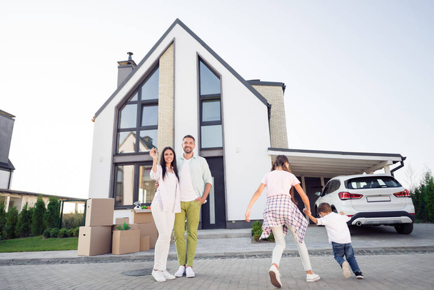 Photo portrait of big full family parents waving hand greeting spending leisure with little children playing outdoors bought house car - Foto, Imagem