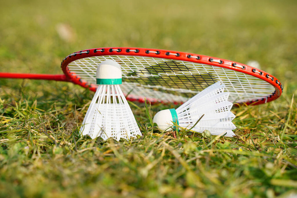 Shuttlecock and badminton racket equipment on grass - Foto, Imagem