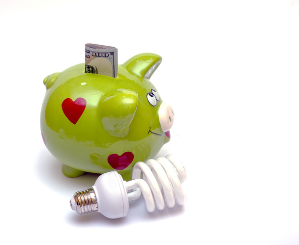 Piggy bank com uma lâmpada CF perto (energia inteligente
) - Foto, Imagem