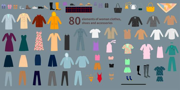 Female clothes, shoes and accessories collection. Vector flat cartoon illustration - Vector, Image