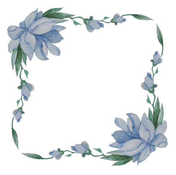 Patrón floral. El marco cuadrado de flores azules, brotes y hojas sobre fondo blanco. Acuarela. Para el diseño festivo, postales, decoración, embalaje, impresión, papel scrapbooking. Dibujo manual - Foto, imagen