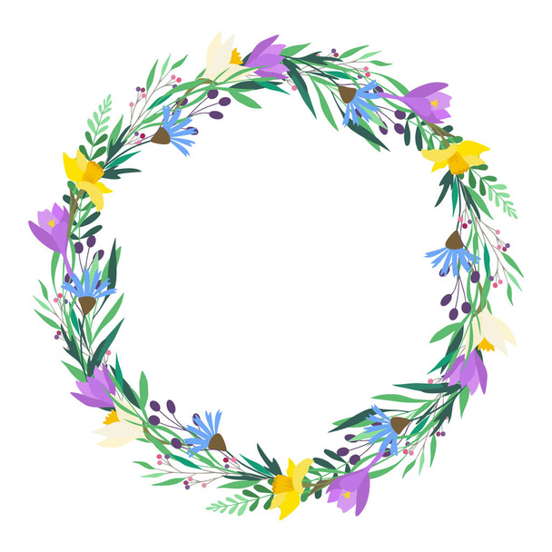 Spring flowers wreath. Crocus, narcissus, daffodil, cornflower. Easter wreath. Greeting card, wedding invitation template. Round frame. Vector illustration isolated on white background. Flat design. - Vector, Image