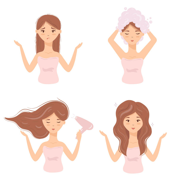 Young woman take care about her hair. Different haircare procedures - washing, drying with hair dryer. From damaged, split hair to beautiful, shining and strong hair. Haircare routine. - Vector, Image