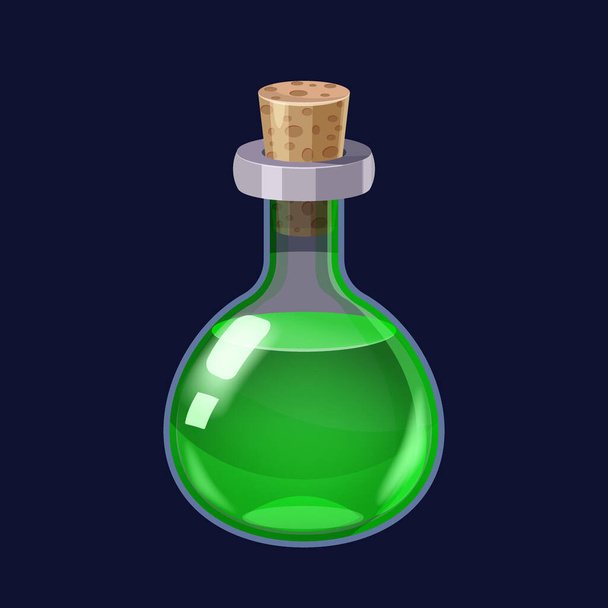 Botella con líquido verde poción mágica elixir icono del juego GUI. Ilustración vectorial para la interfaz de usuario de juegos de aplicaciones estilo de dibujos animados aislados - Vector, Imagen
