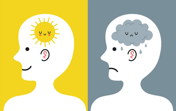 Cute human head in profile with sun and rain cloud inside. Good and bad mood, mental, emotional condition concept. Vector cartoon character illustration icon - Vector, Image
