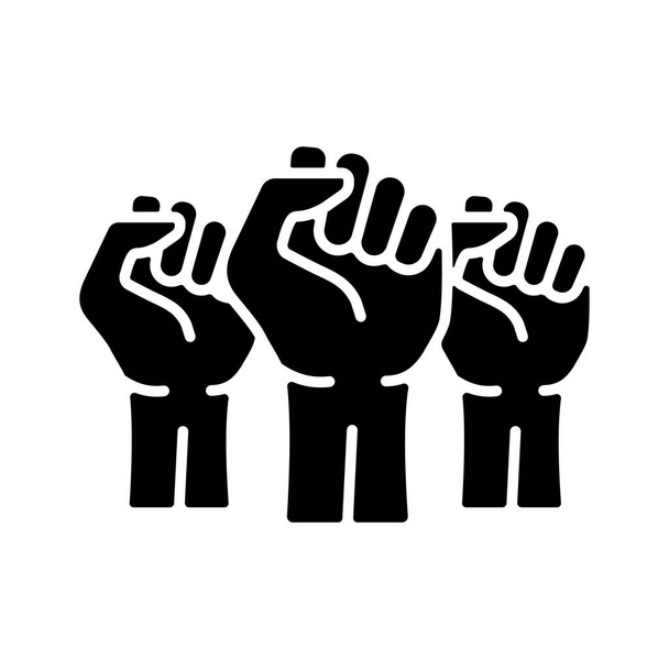 Tre pugni stretti sollevati in segno di protesta contro l'icona del glifo vettore. Protesta, forza, libertà, rivoluzione, ribelle, concetto di rivolta - Vettoriali, immagini