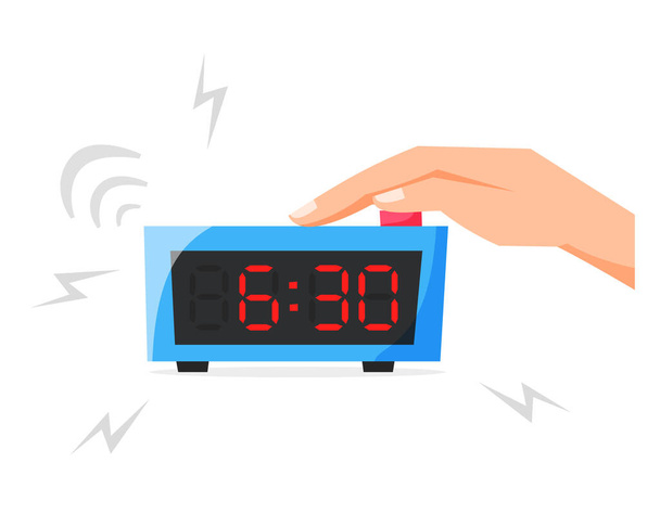 Включение будильника, нажатие кнопки на электронные часы, раннее утро концепции, проснувшись рано, плоский вектор иллюстрации - Вектор,изображение