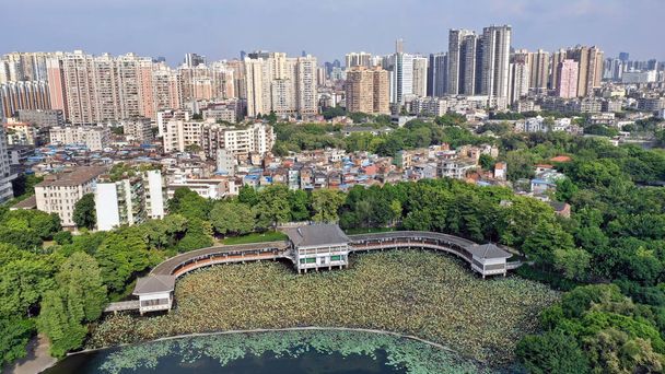 pavilon a parkban sétálni egy tó szárított lótuszok, Liwan Lake park, Guangzhou, Kína - Fotó, kép