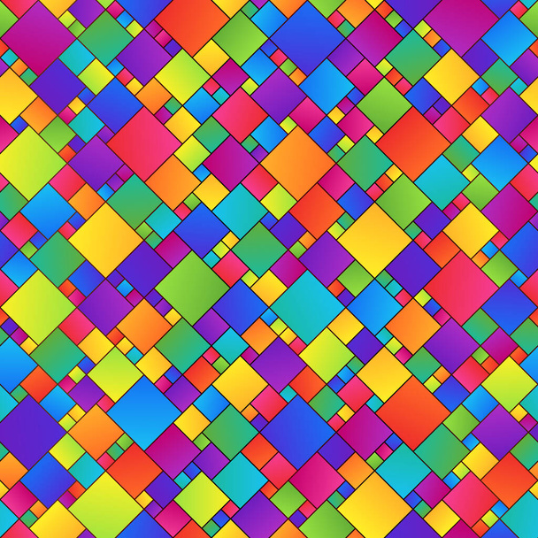 Jasny kolorowy abstrakcyjny geometryczny bezszwowy wzór kwadratów o różnych rozmiarach. Graficzne Childish Ciągłe tło kolorowe romby z zarysem. - Wektor, obraz