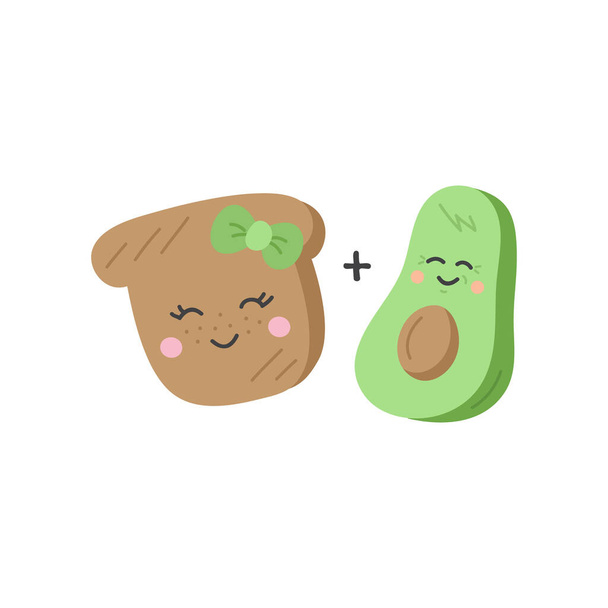 Avocado en toast vector illustratie. Leuke en grappige avocado en toast, plakje brood stripfiguren. Perfect koppel. - Vector, afbeelding