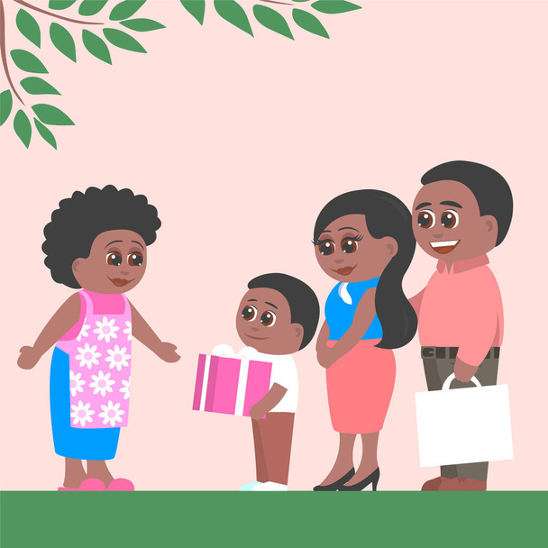 Familia afroamericana: padre, madre e hijo visitan abuela. El chico le da un regalo. Dibujos animados vector ilustración. - Vector, Imagen