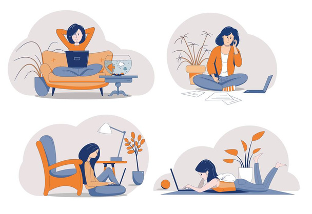 Σετ ανθρώπων που εργάζονται και χαλαρώνουν στο σπίτι κάθονται και ξαπλώνουν με ένα φορητό υπολογιστή. Τρόπος ζωής Freelancer. - Διάνυσμα, εικόνα