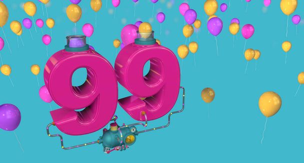 Červené číslo 99 plovoucí ve vzduchu připojené ke kompresoru přes skleněné trubky vypouštějící balónky přes skleněné trubice na modrém pozadí se žlutými, červenými a fialovými balónky. 3D ilustrace - Fotografie, Obrázek