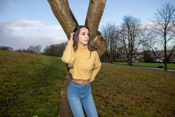A young attractive woman with long brown hair in the winter time in a wooden park area wearing a yellow jumper looking by a tree in the forest - Photo, Image