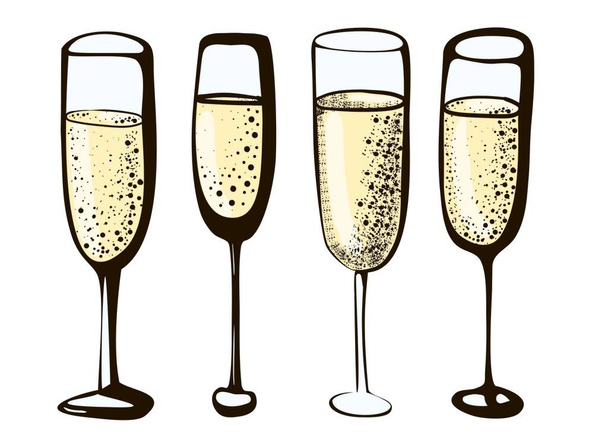 Vector Doodle Set von Champagner-Weingläsern farbige Tintenillustration von Weingläsern Getränkelinie auf weißem Hintergrund - Vektor, Bild