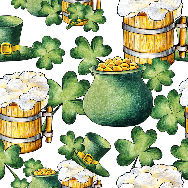 Leprikon şapkalı altın, bira ve yonca. Aziz Patrick Günü, İrlanda bayramı, beyaz arka planda yeşil şapka suluboya kalemler kusursuz desenler çiziyor. - Fotoğraf, Görsel