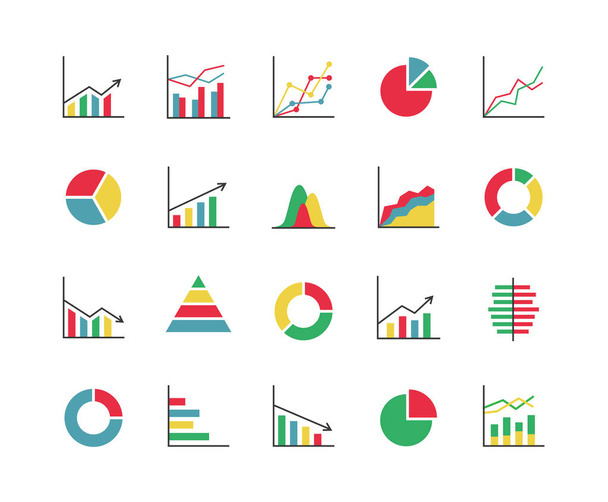 Bedrijfsstatistieken kleurrijke pictogram set. Verzameling van 20 abstracte grafieken, grafieken, diagrammen... Infographics, data-analyse, stats tools. Vectorillustratie.  - Vector, afbeelding