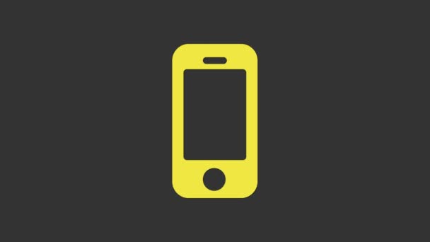Keltainen älypuhelin, matkapuhelimen kuvake eristetty harmaalla taustalla. 4K Video motion graafinen animaatio - Materiaali, video