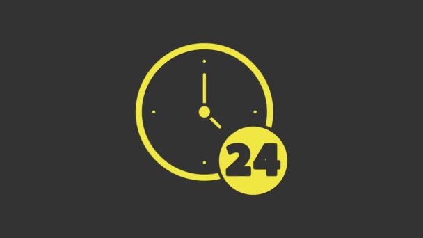 Gele klok 24 uur pictogram geïsoleerd op grijze achtergrond. De hele dag cyclisch icoon. 24 uur service symbool. 4K Video motion grafische animatie - Video