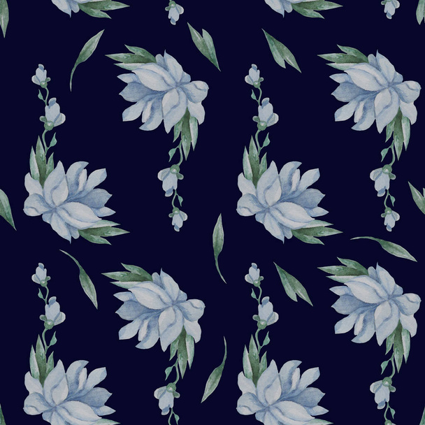 Płynne wzory. Kwiatowe wzory - niebieskie kwiaty i liście na czarnym tle. Akwarela. Do projektowania, dekoracji, pakowania, tekstyliów, dekoracji i tapet. Rysunek ręczny - Zdjęcie, obraz