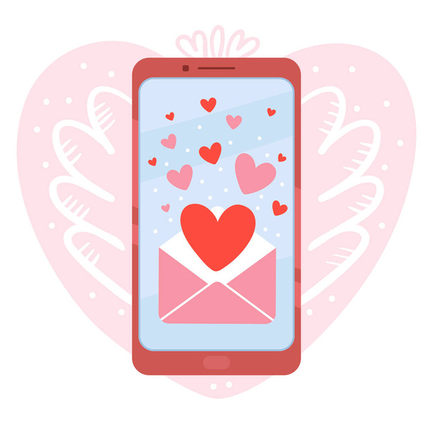 Illustration of a mobile phone with a message of love. Envelope with hearts flying out. Simple flat cute style. Suitable for Valentine's Day. - Vector, Image