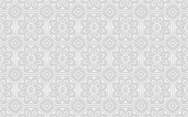 Ethnic volumetric convex white background with flowers and geometric shapes. Pattern for presentations, wallpapers, websites. - Vektori, kuva