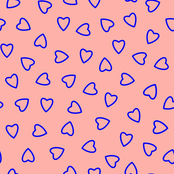 Eenvoudige harten naadloos patroon, eindeloze chaotische textuur gemaakt van kleine hart silhouetten.Valentijnsdag, moeders achtergrond.Geweldig voor Pasen, bruiloft, plakboek, cadeaupapier, textiel.Blauw op perzik. - Foto, afbeelding