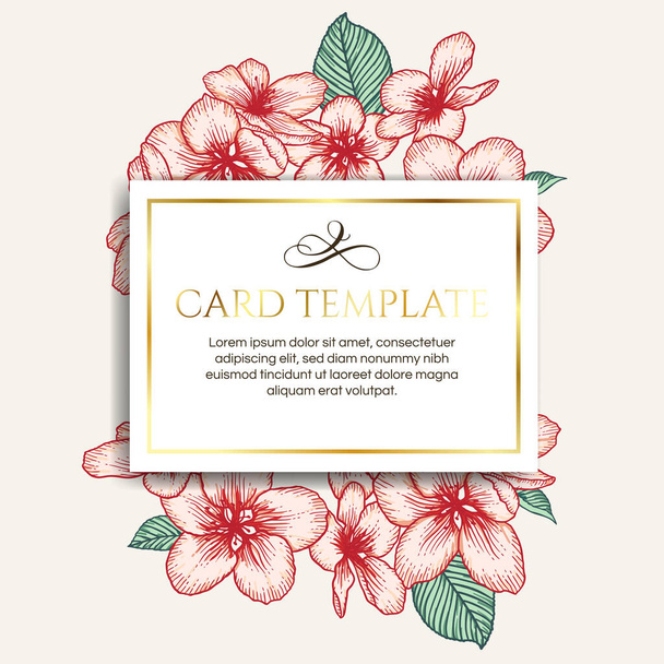 Vector botanical floral wedding invitation elegant card template. Red apple flowers and golden frame. Romantic design for greeting card, natural cosmetics, women products. - Vector, Imagen