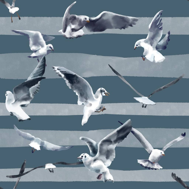 Uno stormo di gabbiani che volano nel cielo. illustrazione acquerello  - Foto, immagini