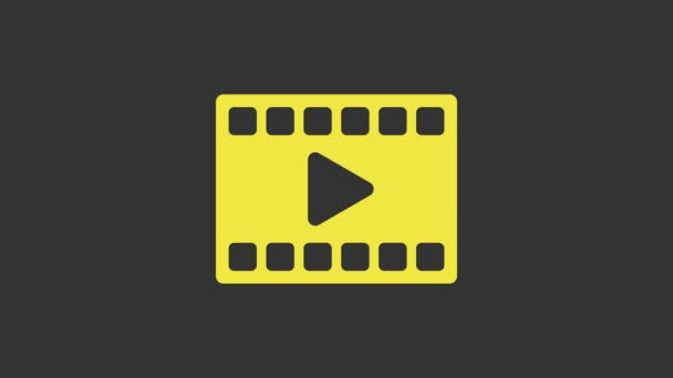 グレーの背景に隔離された黄色の再生ビデオアイコン。プレイサイン付きのフィルムストリップ。4Kビデオモーショングラフィックアニメーション - 映像、動画